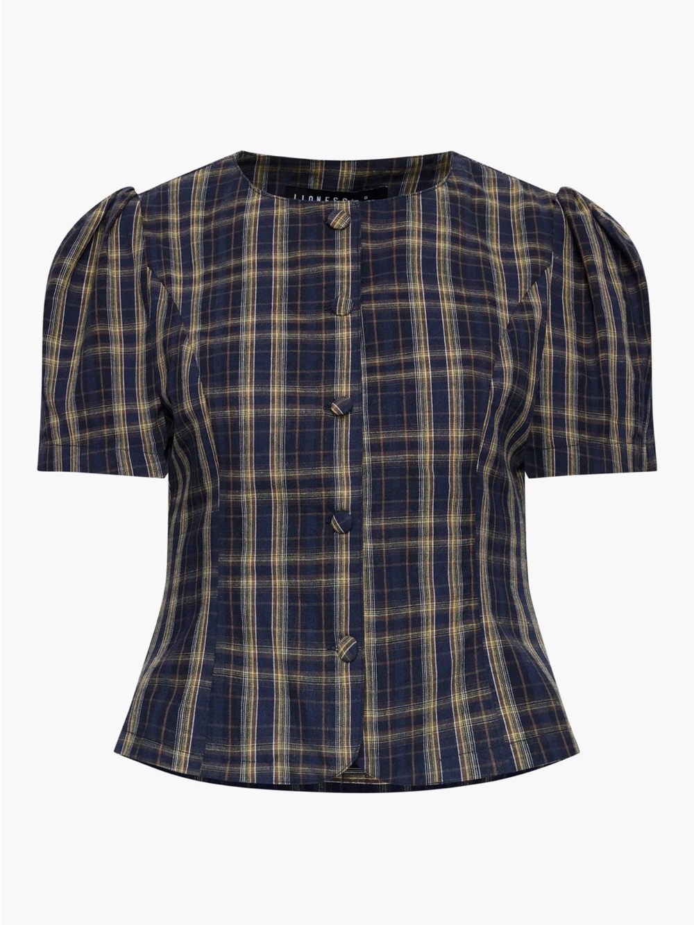 Lioness Navy and Yellow Plaid Short Sleeve Blazer - Picture 3 of 8